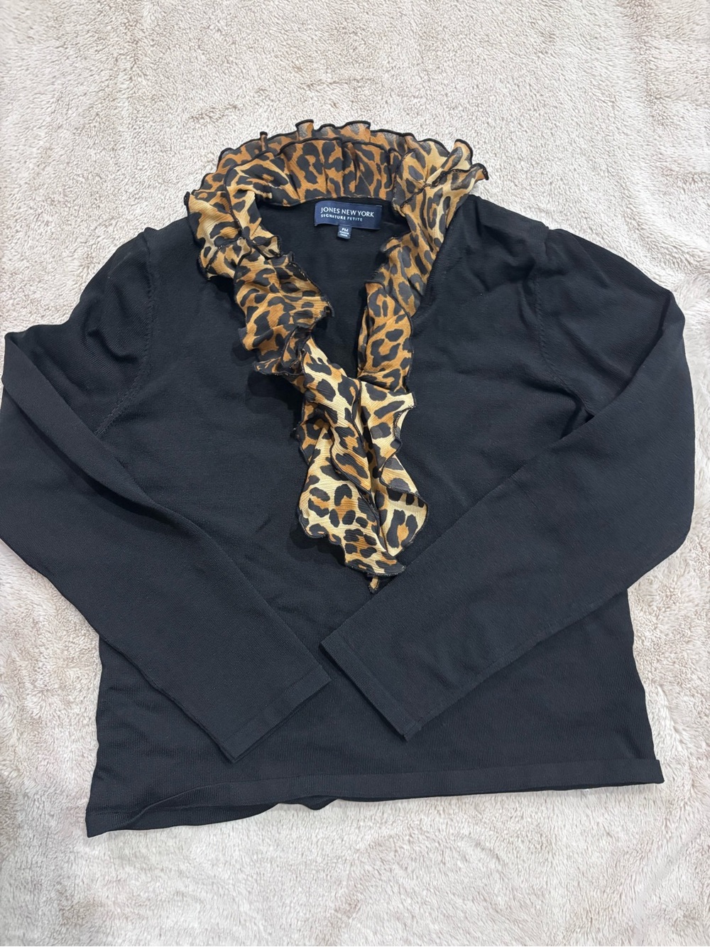 Jones New York Black Sweater with Leopard Print Ruffle